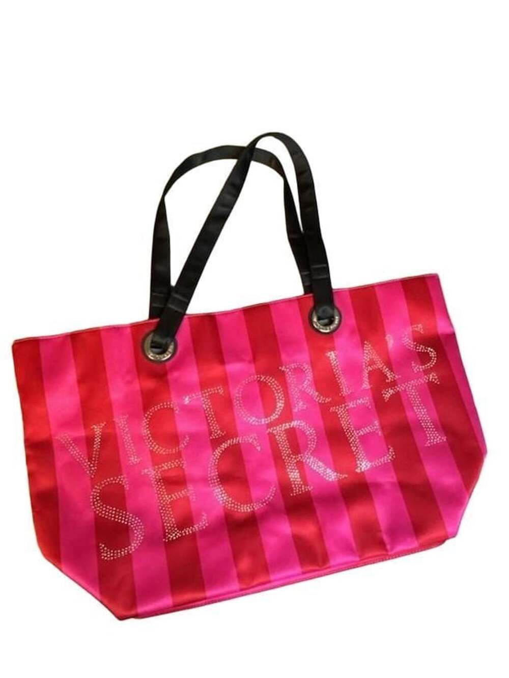 Victoria's Secret Pink and Red Striped Satin Tote Bag with Rhinestone Logo